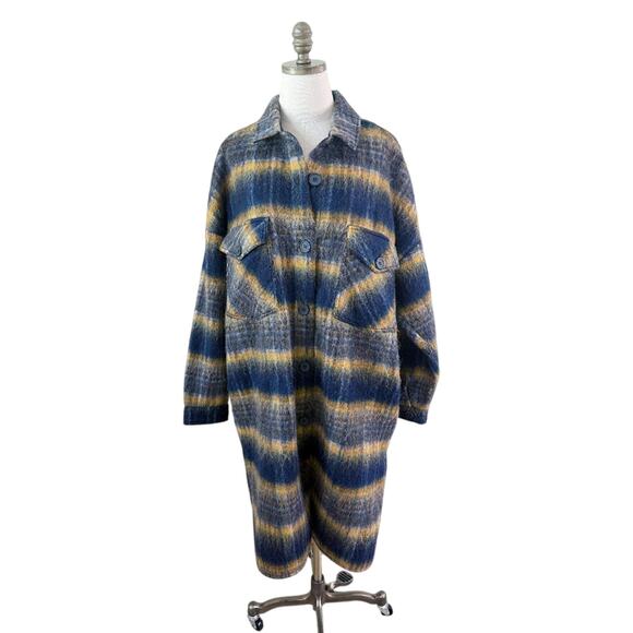 Evereve Allison Joy Navy/Mustard Fuzzy Plaid Long Shacket Women's Size Large EUC - Picture 1 of 9